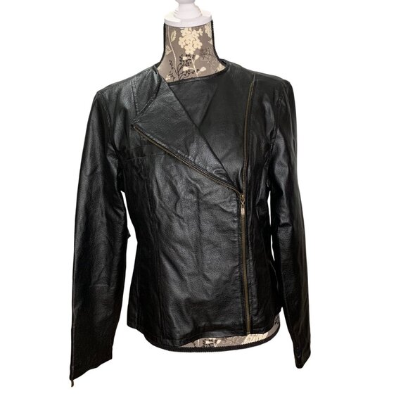 NWT LAL Live A Little Black Genuine Leather Jacket Asymmetrical Full Zip SZ L - Picture 1 of 7